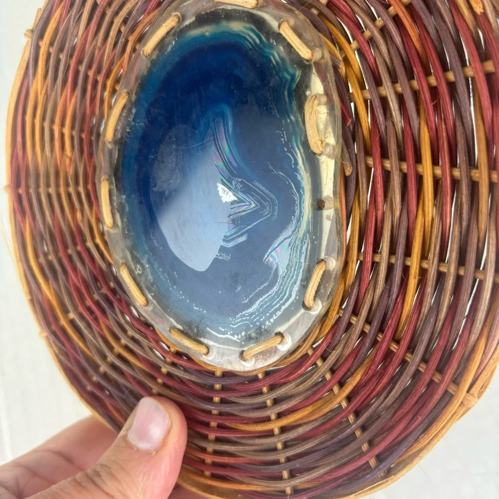 Basketry Elegance-handcrafted multi-colored small tray with agate center-NWT